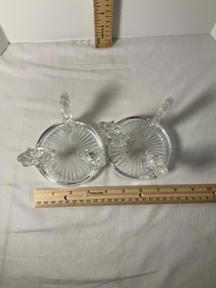 Two glass decorative stemmed candle holders 4” Unique design