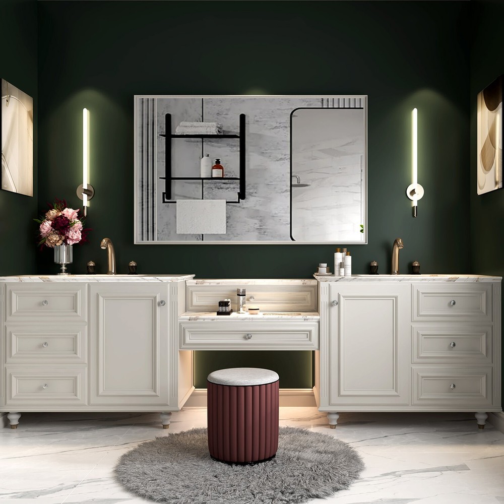 40x30 Inch Glossy White Rectangular Wall-Mounted Bathroom Mirror with Beveled