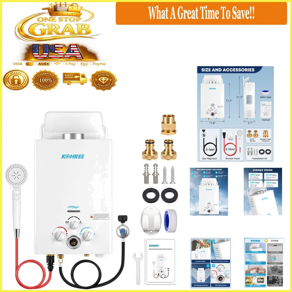 Tankless Propane Water Heater 6L Portable Outdoor Shower RV Black White