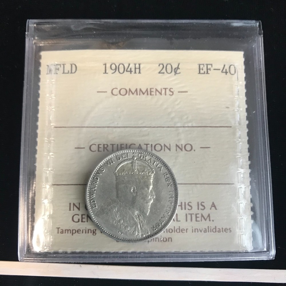 1904H  ICCS Graded Newfoundland, 20 Cent, **EF-40**