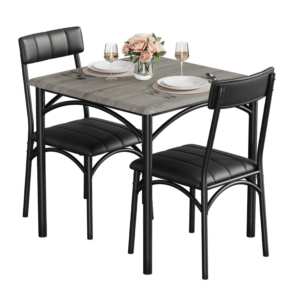 Dining Table Set w/2 Upholstered Chairs & Square Table for Dining Room Gray