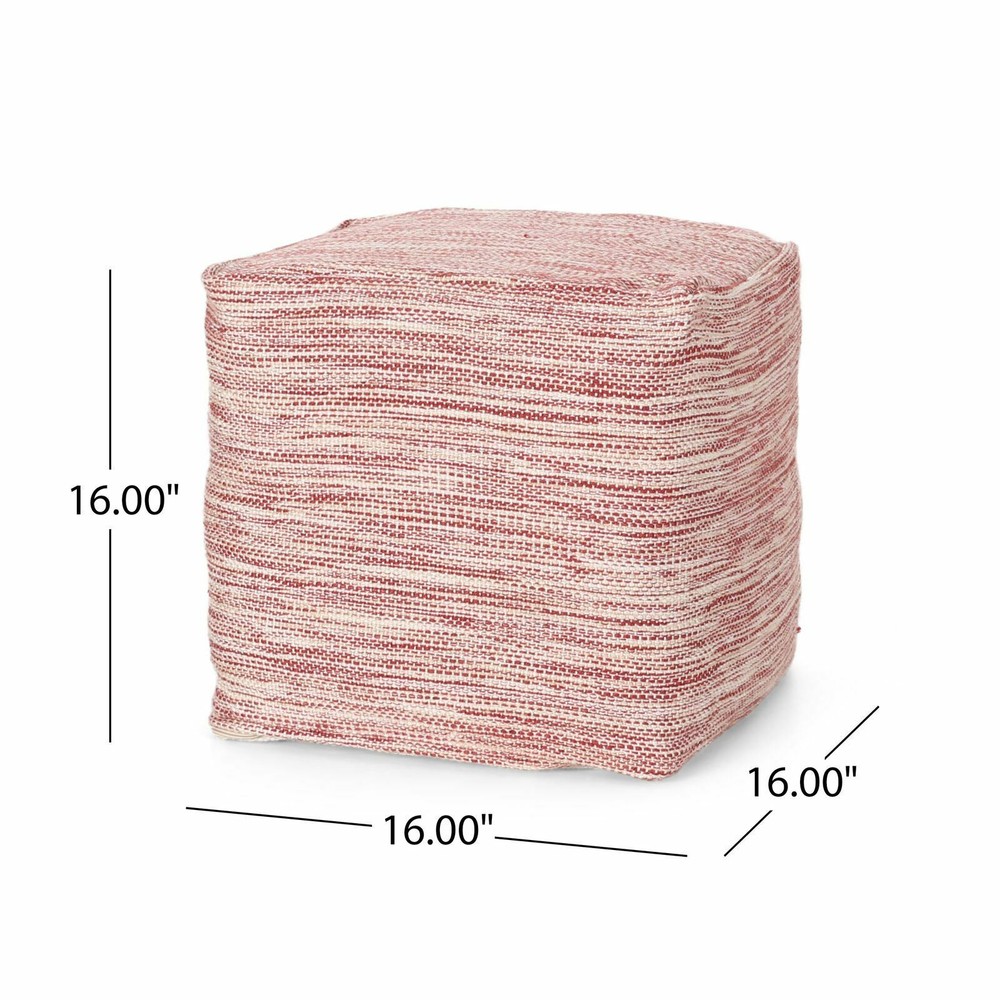 Boho Handmade Fabric Cube Pouf, Red and White
