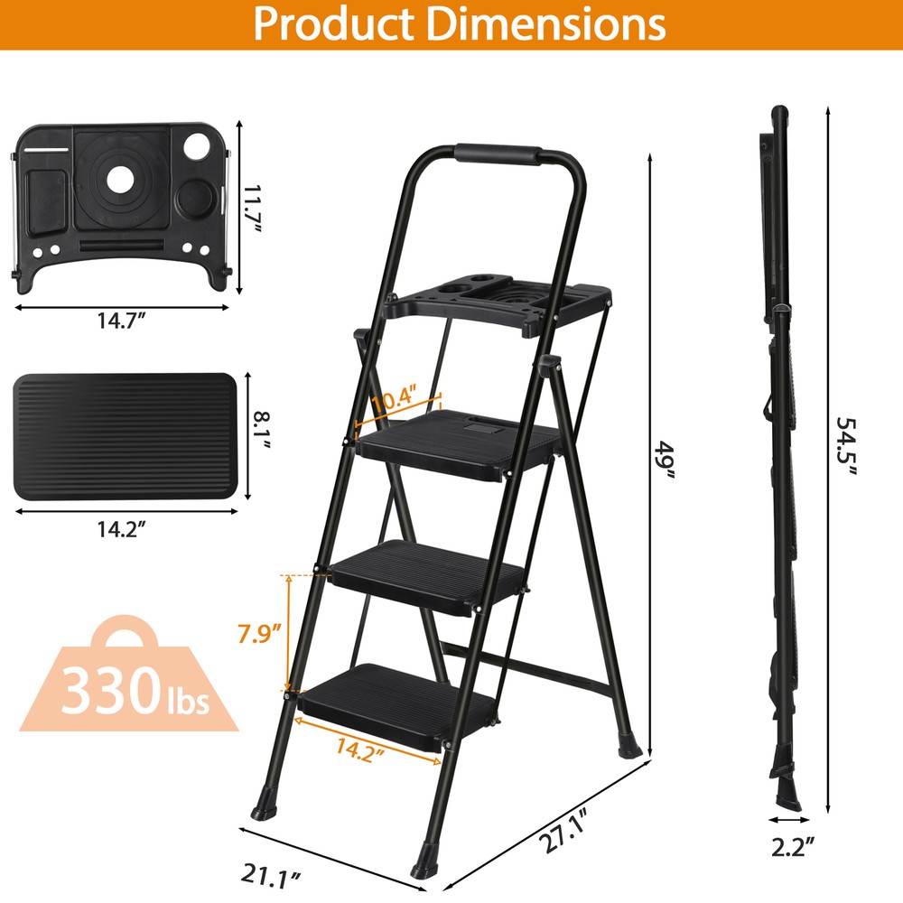 3-Step Ladder Folding Step Stool 330lbs Max Load Capacity Steel Non-Slip Black