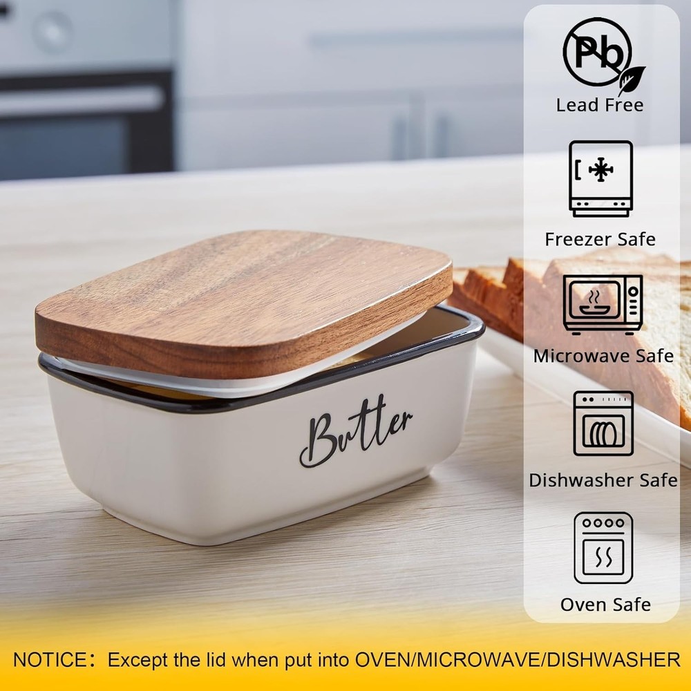 Durable White Ceramic Butter Dish with Natural Acacia Lid - Rustic Kitchen Decor