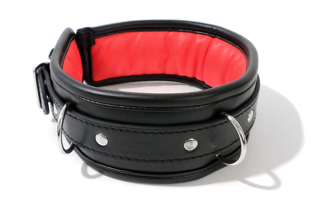 Black Leather Lockable Bondage Collar Neck Restraint with Chain Leash