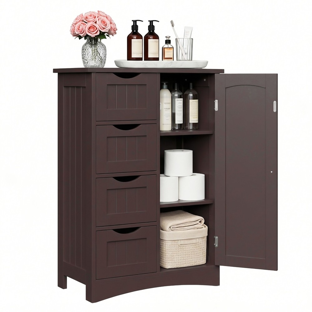 Brown Bathroom Storage Cabinet with Adjustable Shelf Floor Storage Cupboard