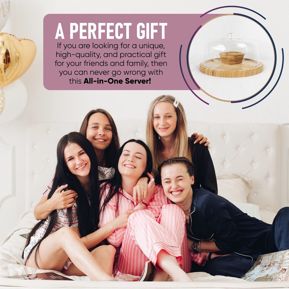 Bamboo Cake Stand With Dome Multi Function 6 In 1 Holder Serving Platter 12"