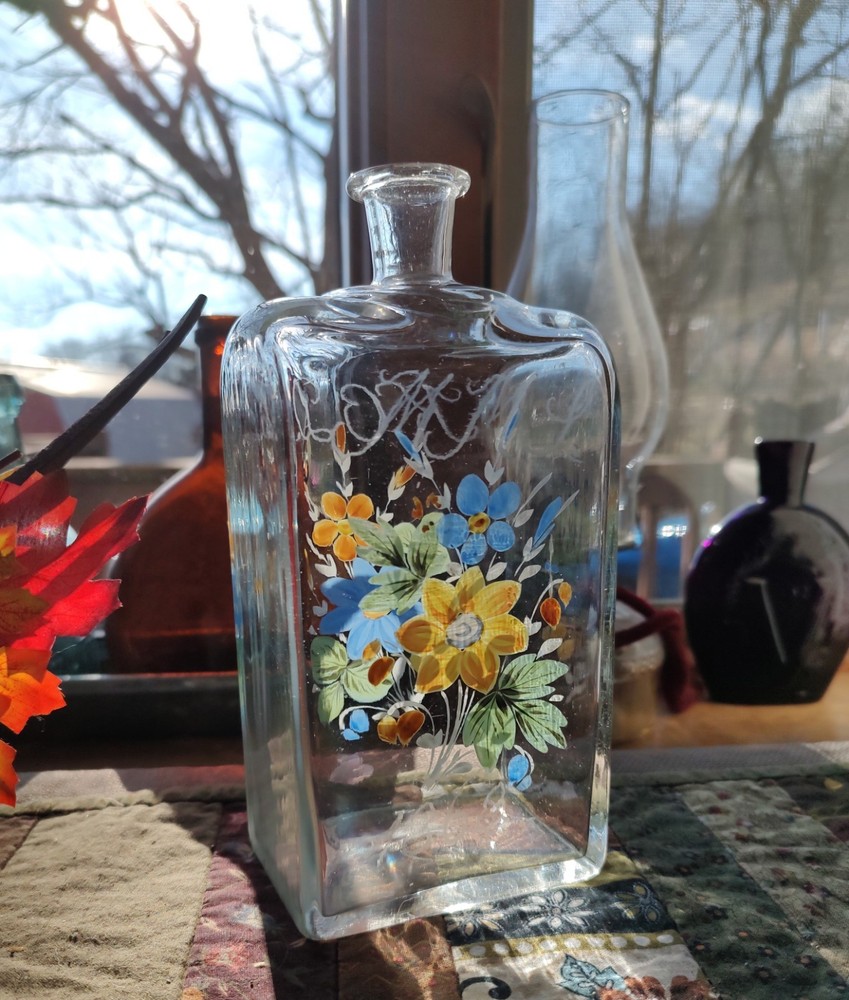 Stiegel Style Half Post Blown Enameled Case Bottle & Hand Blown Cup, 1863