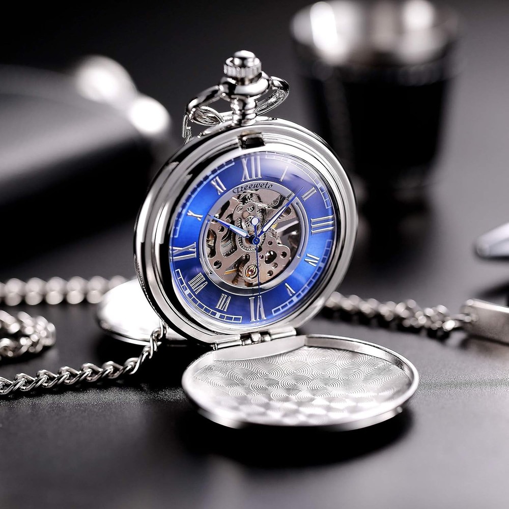 Pocket Watch - Smooth Double Case Series Skeleton Dial Delicate silver