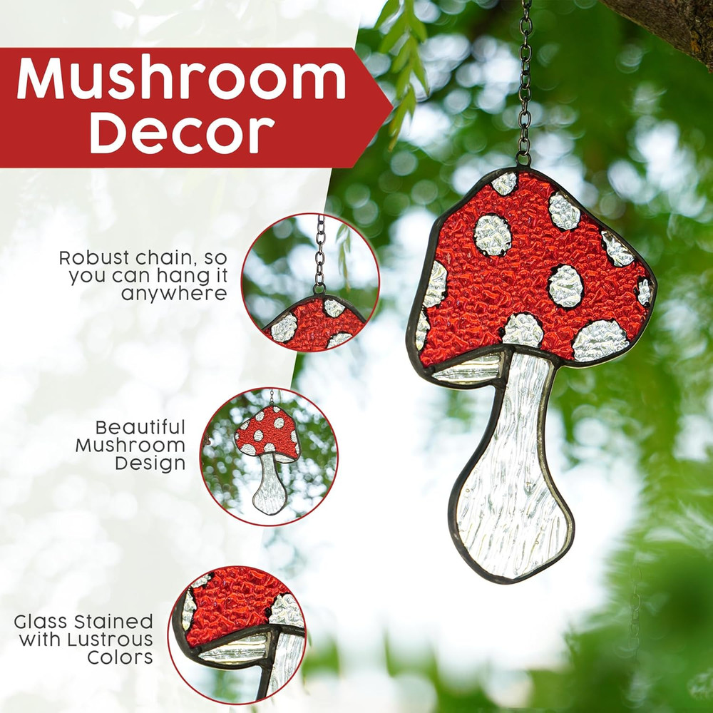 Mushroom Stained Glass Suncatcher Set – 3 Fly Agaric Hand-Painted Toadstool & Mo