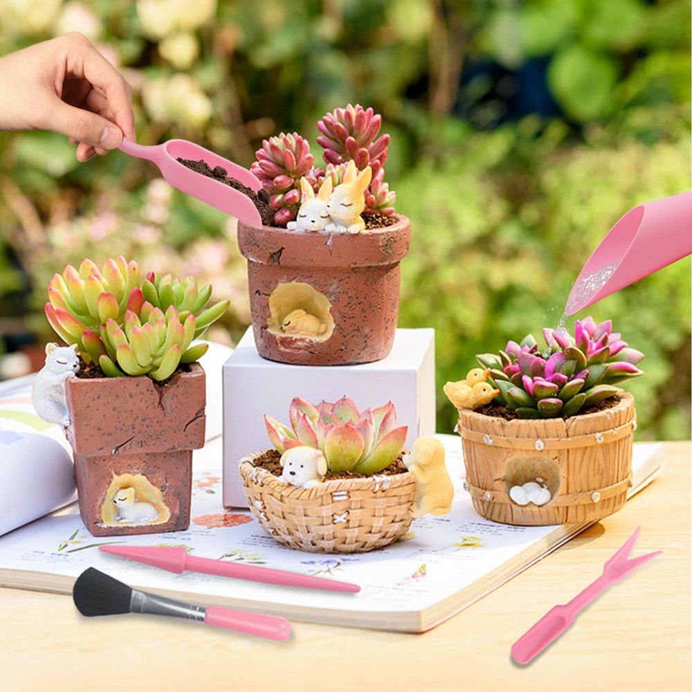 LuckyOpt Mini Succulent Tools, 5Pc Planting Tools Kit Black/Pink