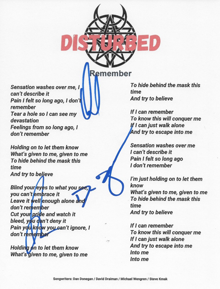 Disturbed Band Signed Remember Lyrics Sheet COA Exact Proof Autographed