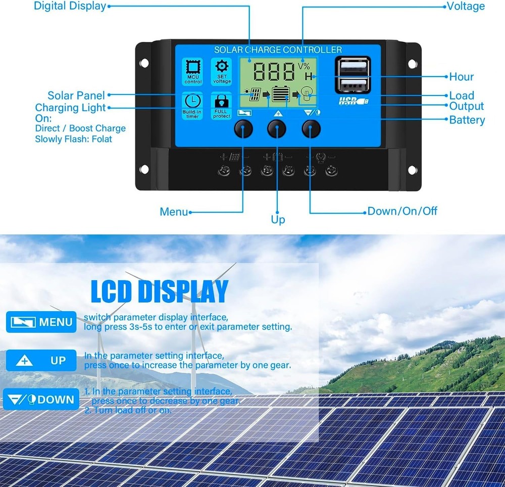 LCD-Enabled 30A PWM Solar Charge Controller with Multi-Mode Control & USB Output