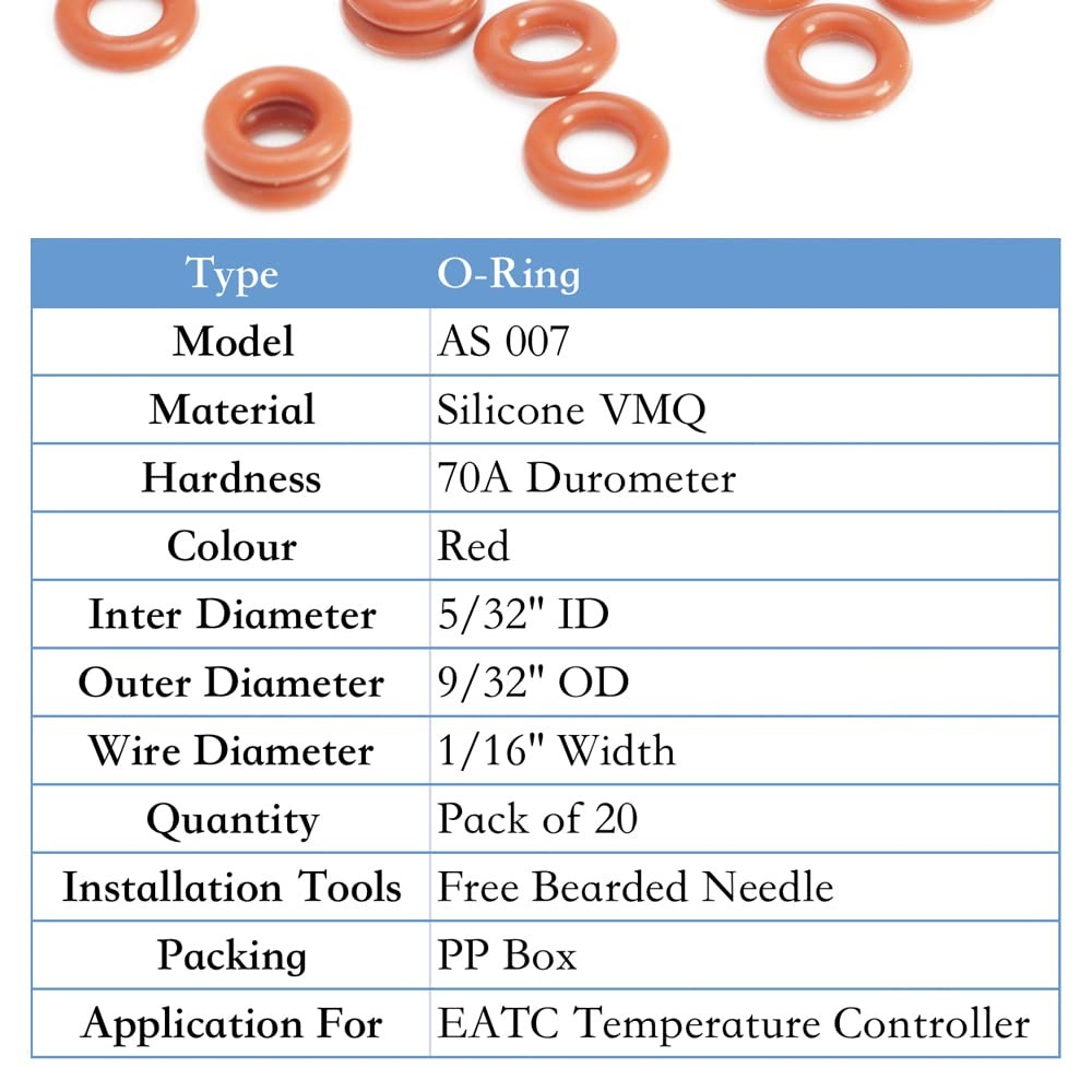 007 Silicone O-Ring, 70A Durometer, Red, 5/32" ID, 9/32" OD, 1/16" Width...