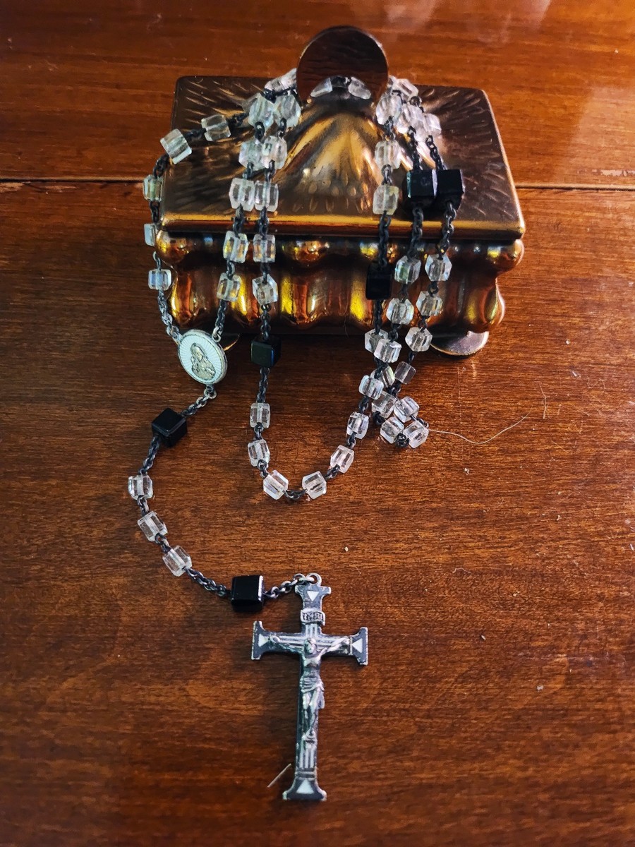 Antique Swift & Fisher Sterling Silver White Enamel Rosary & Vtg Art Nouveau Box