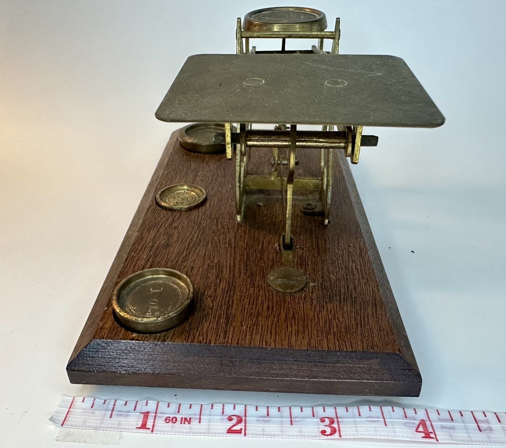 Vintage Brass postal scale, Wood Base With Three Weights.