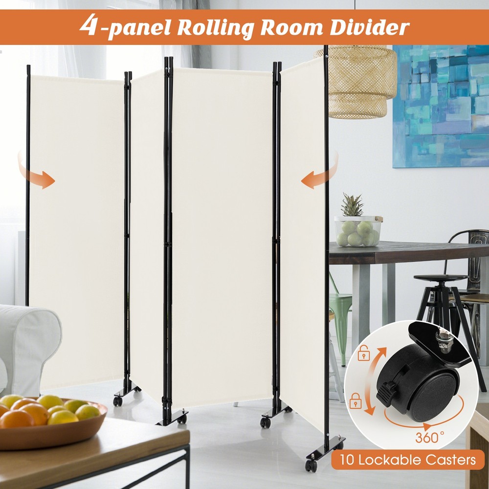 4-Panel Folding Room Divider 6' Rolling Privacy Screen w/ Lockable Wheels White