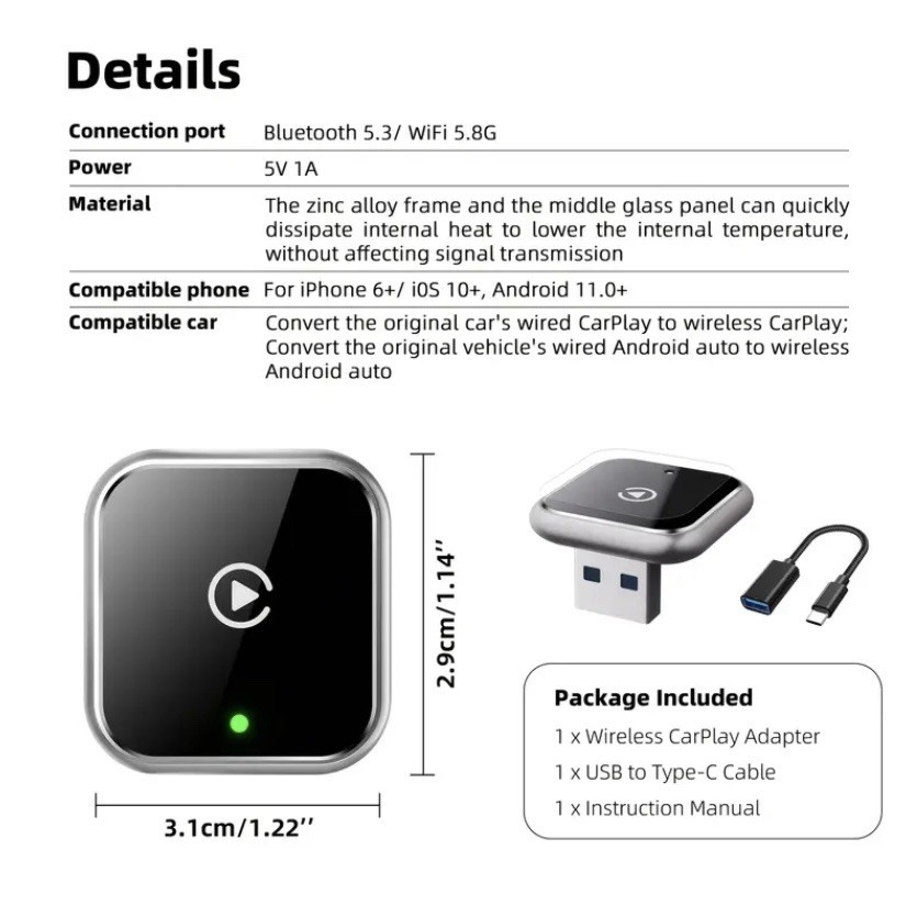 2026 Wireless Apple CarPlay/Android Auto Adapter Plug and Play