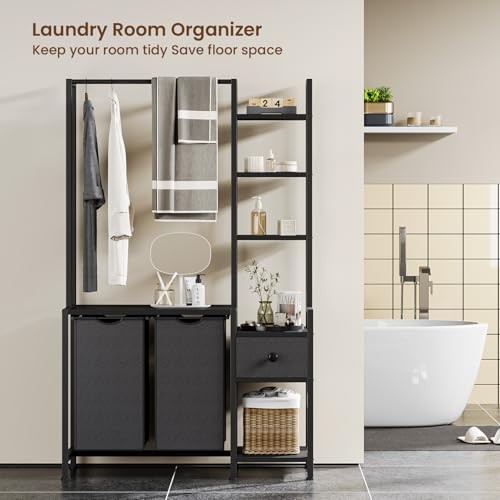 Laundry Hamper with Shelf, 5 Tiers Tall Laundry Basket Sorter with 2 Pull Black