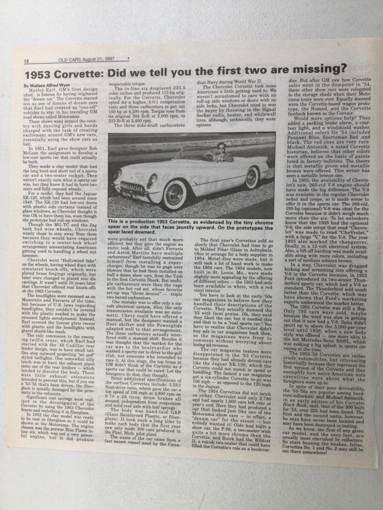 OCW109 Vintage Article 1953 Corvette The First Two Are Missing
