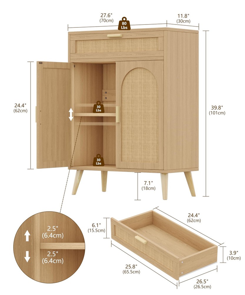Rattan Buffet Cabinet with Storage, Sideboard with Drawer & Adjustable Shelf,...