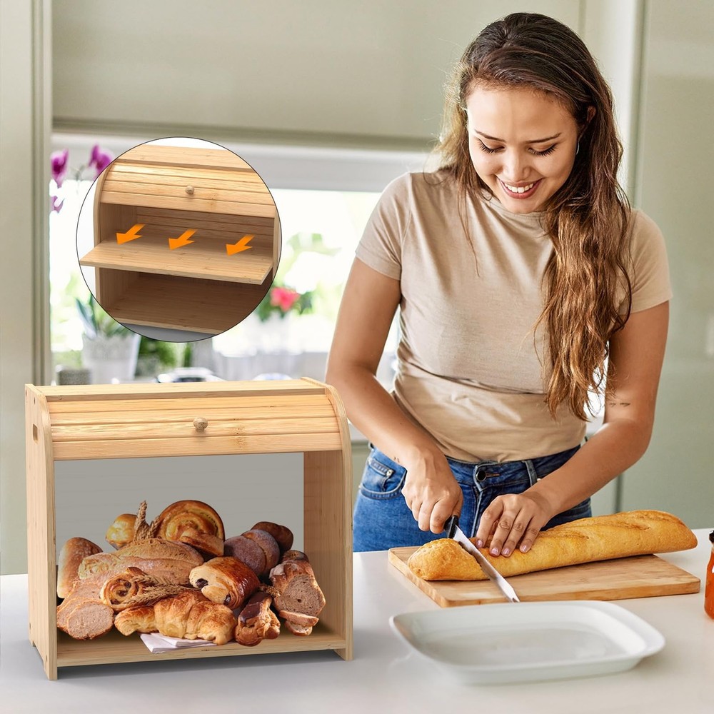 Bamboo Bread Box for Kitchen Countertop, Roll-top Breadbox Breads Storage Box...