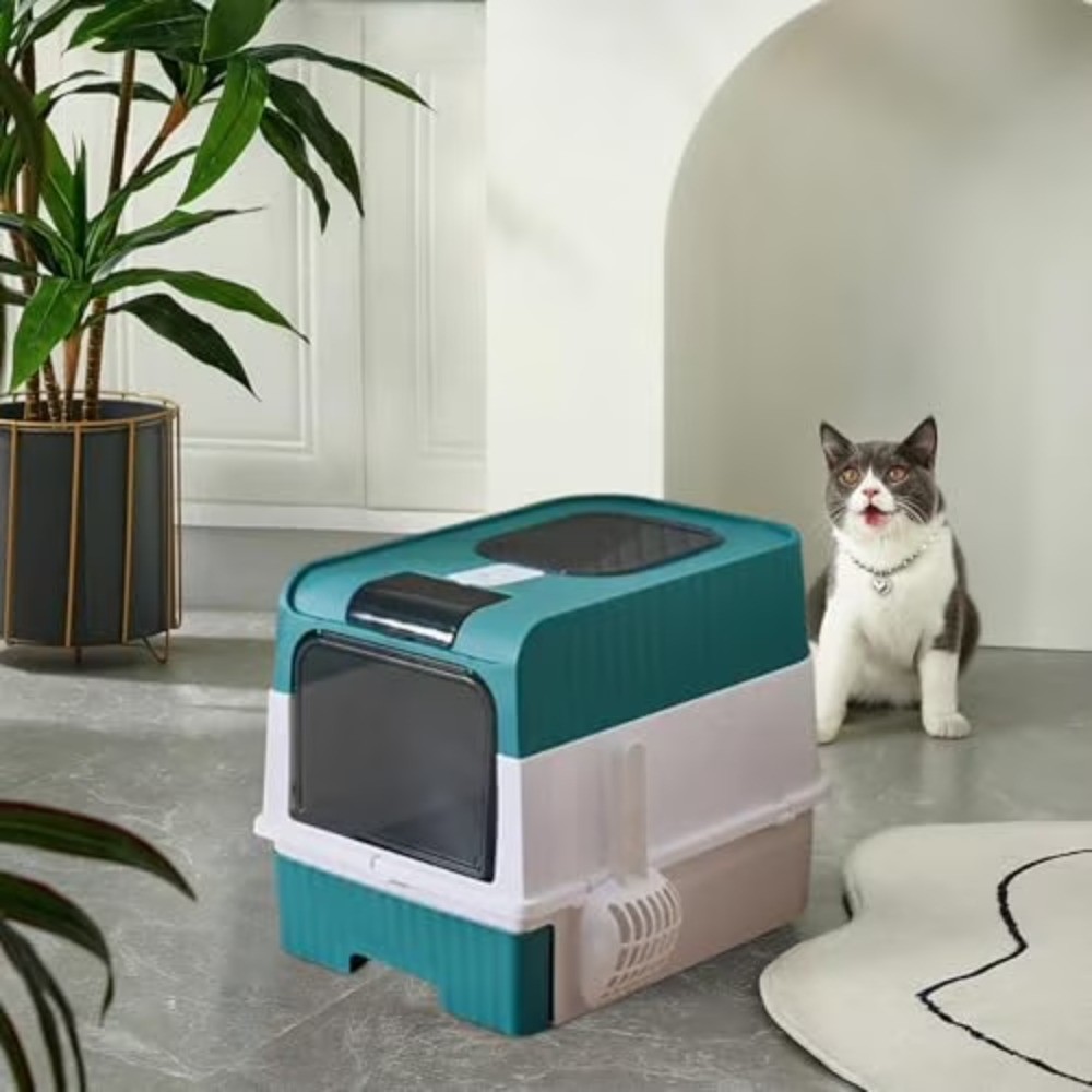 Litter Boxs for Big Cats, Front Entry Top Exit Kitty Box Odor Control (Blue)