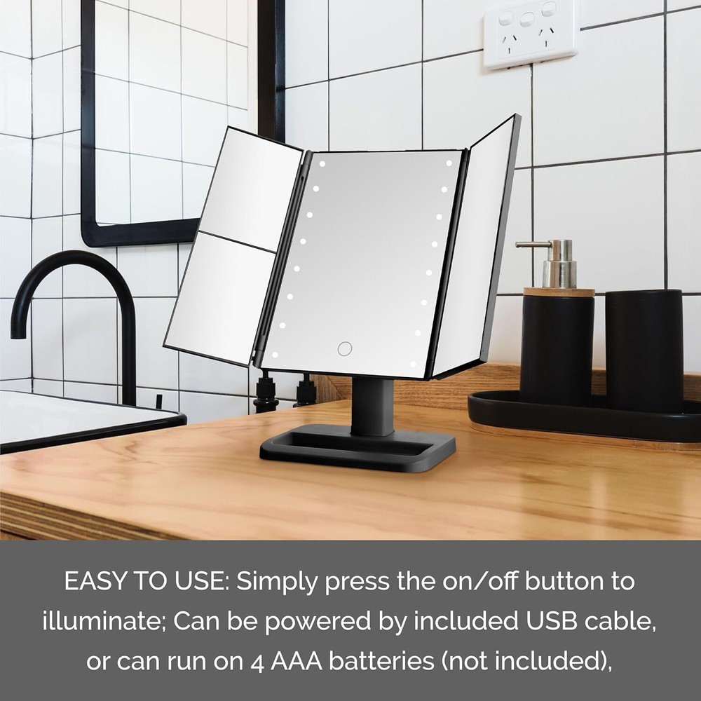 MELANNCO Black Tri Fold LED Vanity Mirror, 3 Magnifications and