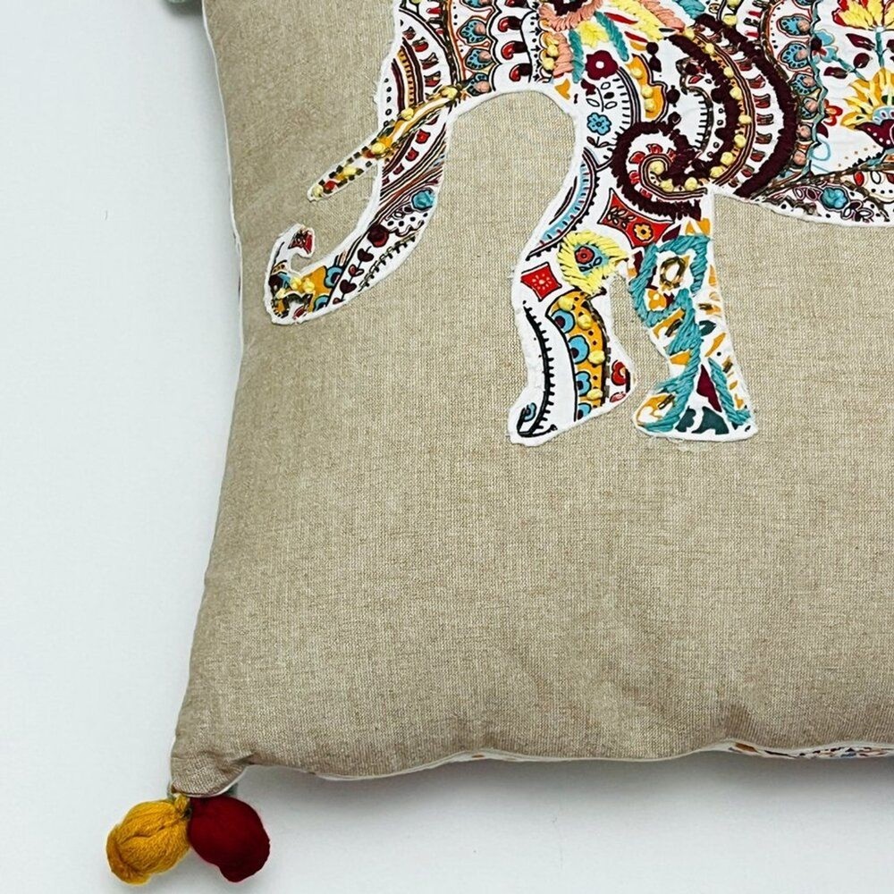 Anthology Elephant Embroidered Duck Down Square Throw Pillow Multicolor Boho