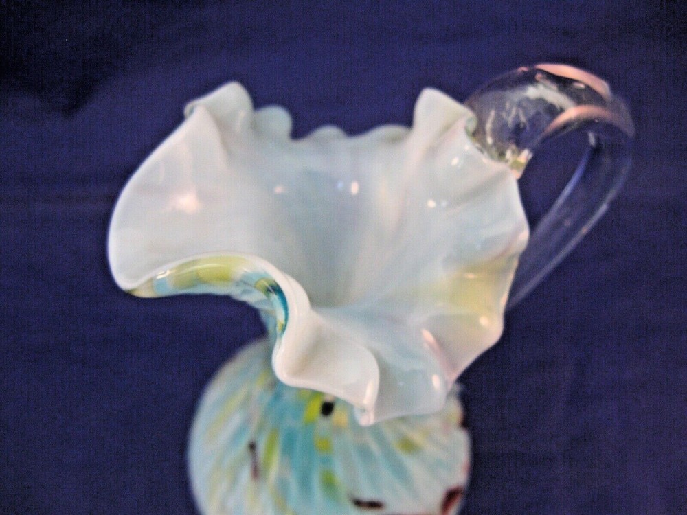 SMALL ANTIQUE HANDBLOWN CASED GLASS PITCHER W APPLIED CLEAR HANDLE