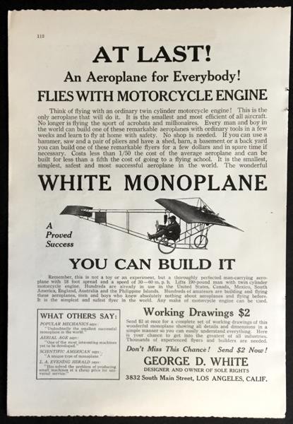 White Monoplane vintage original 1917 Ad