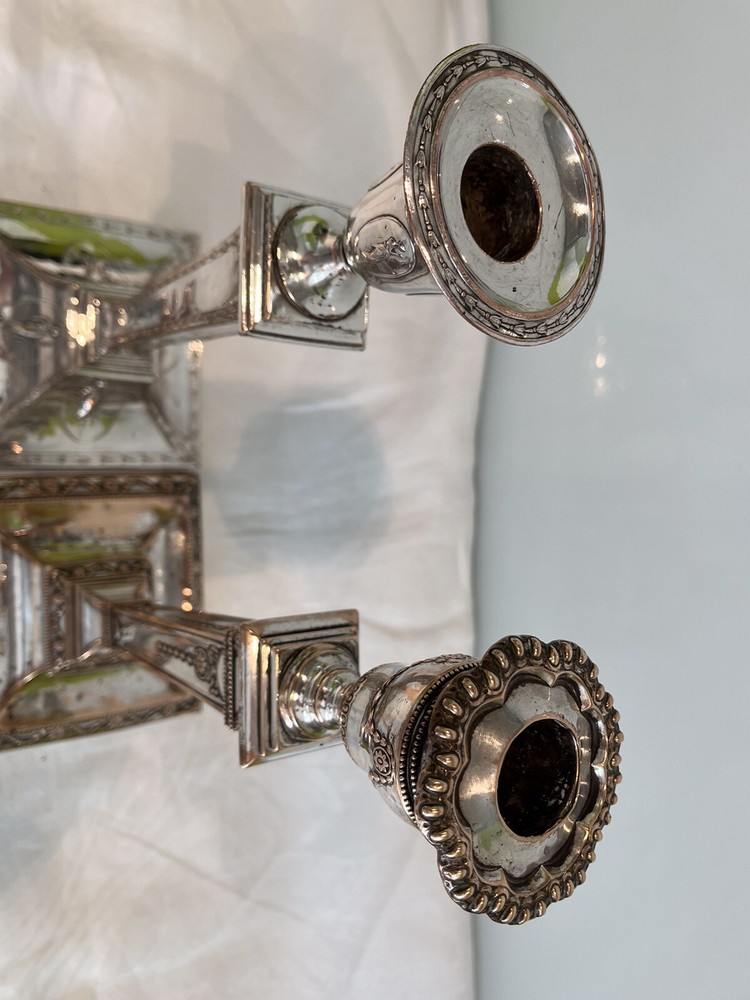 2 Early 19thc Antique Silver Plated Classical Themed Candlesticks