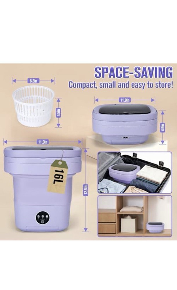 Mini Folding Washing Machine 16L Purple Compact Electric Top-Loading w/ Features