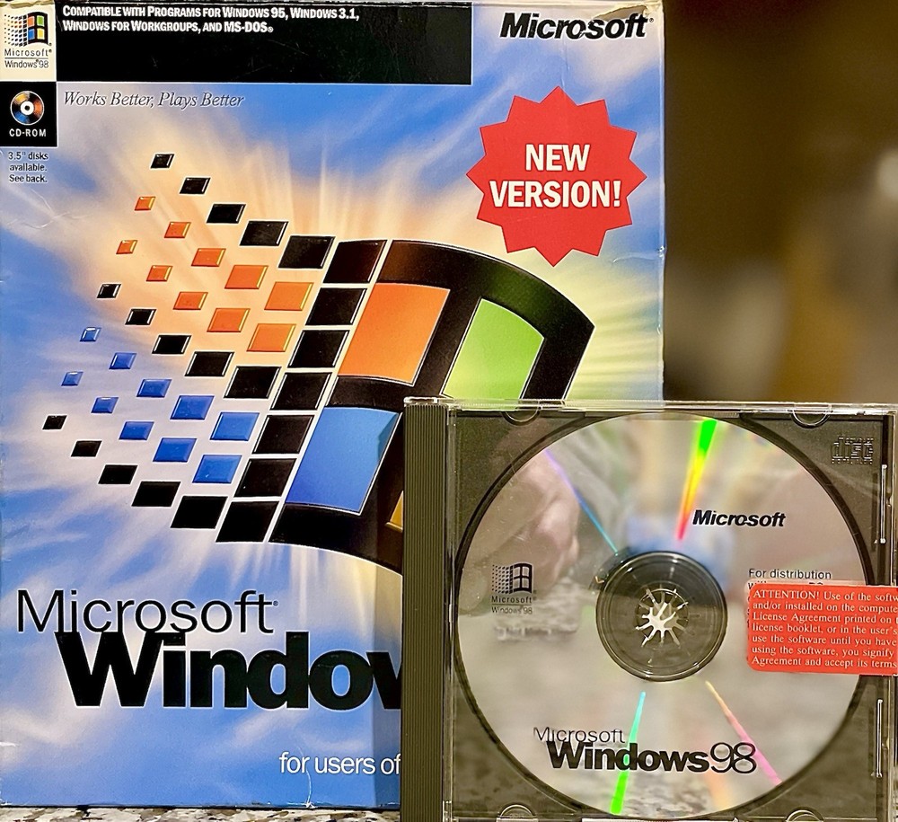 Windows 98 Compkete CD + Key + Boot 3.5 With Upgrade Disk + Box & Documents 100%