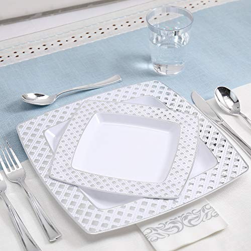 175 Count Silver Dinnerware Set for 25 Guests, Silver Diamond Rim Plates
