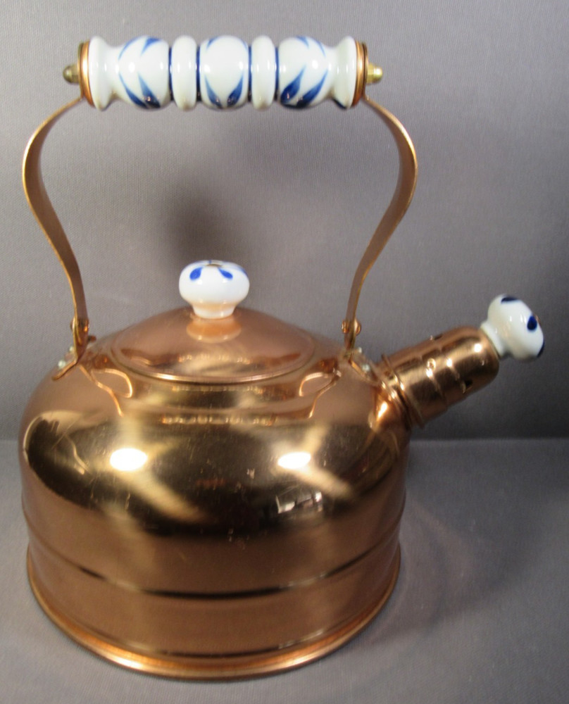 Copper Kettle Shiny Bright & Clean Blue-White Handle & Knobs Korean 8" x 8.5"