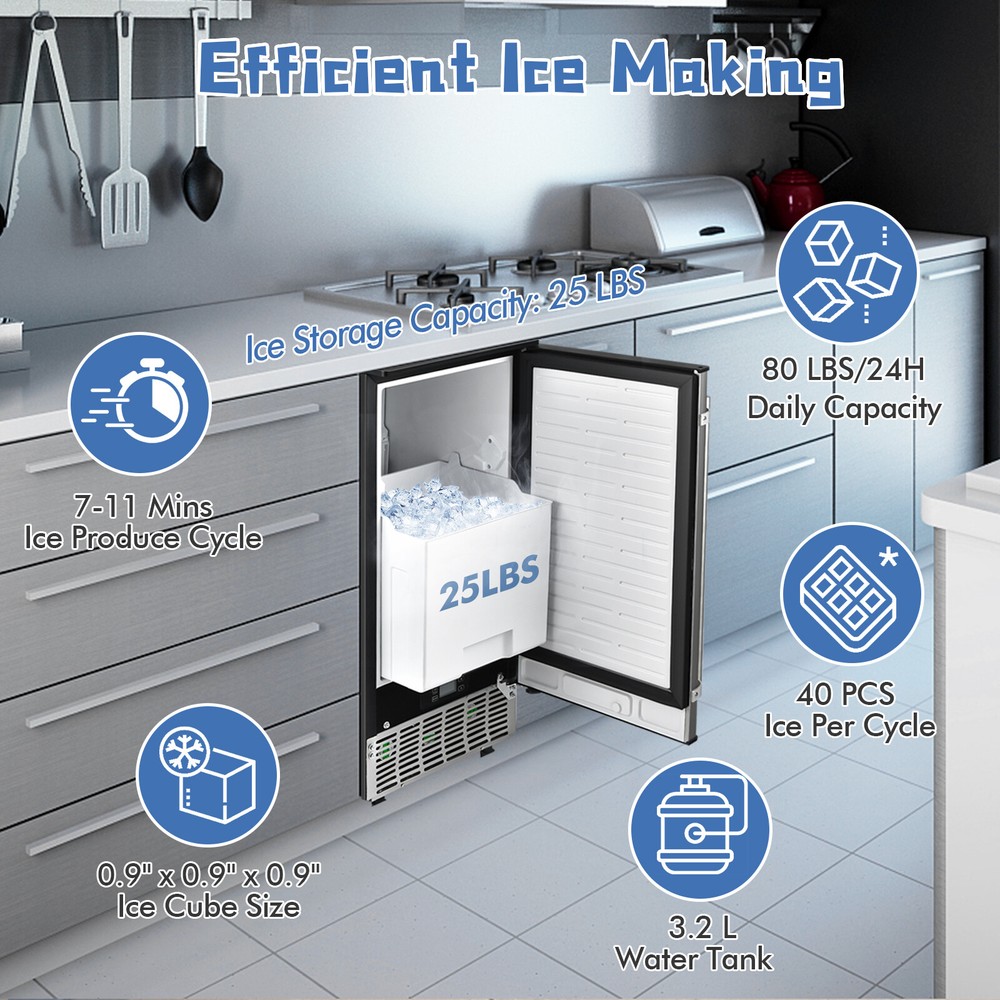 Built-in Ice Maker Free-Standing/Under Counter Machine 80lbs/Day w/ Light