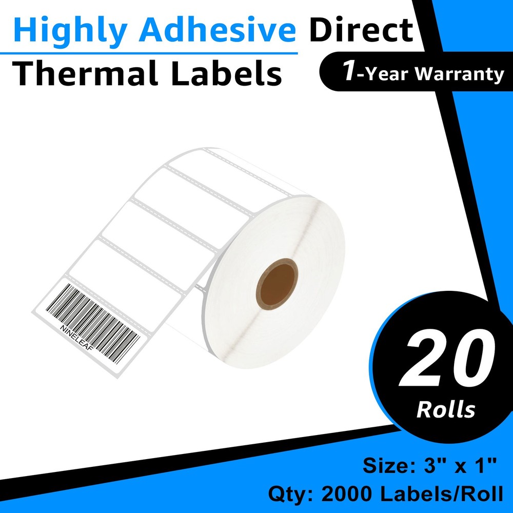 20 Rolls Compatible with Zebra & Rollo 3"x 1" Thermal Address Labels 2000/Roll