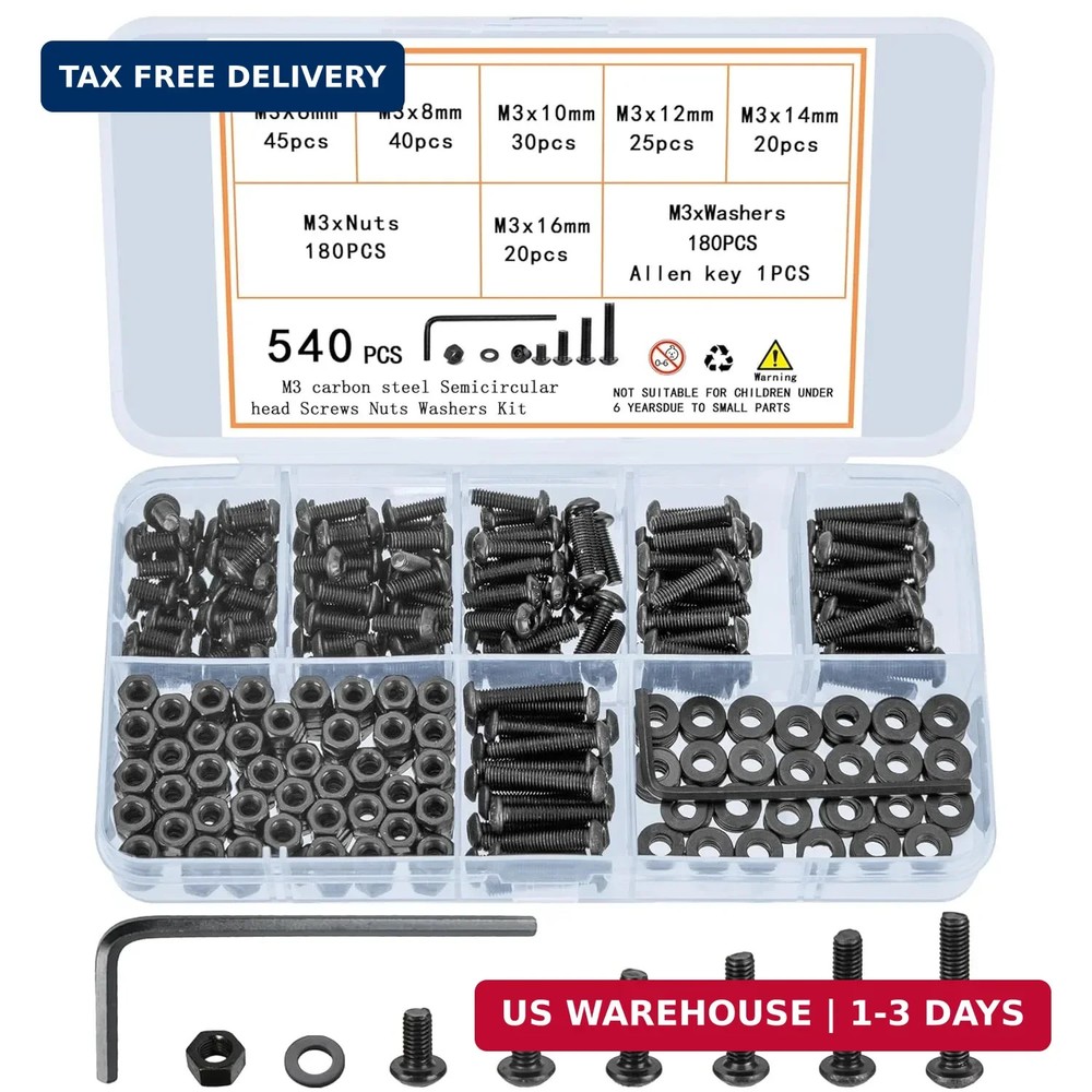 540 Pcs M3 Screw Assortment, M3 Bolts and Nuts Kit, Hex Socket Button Head Cap,