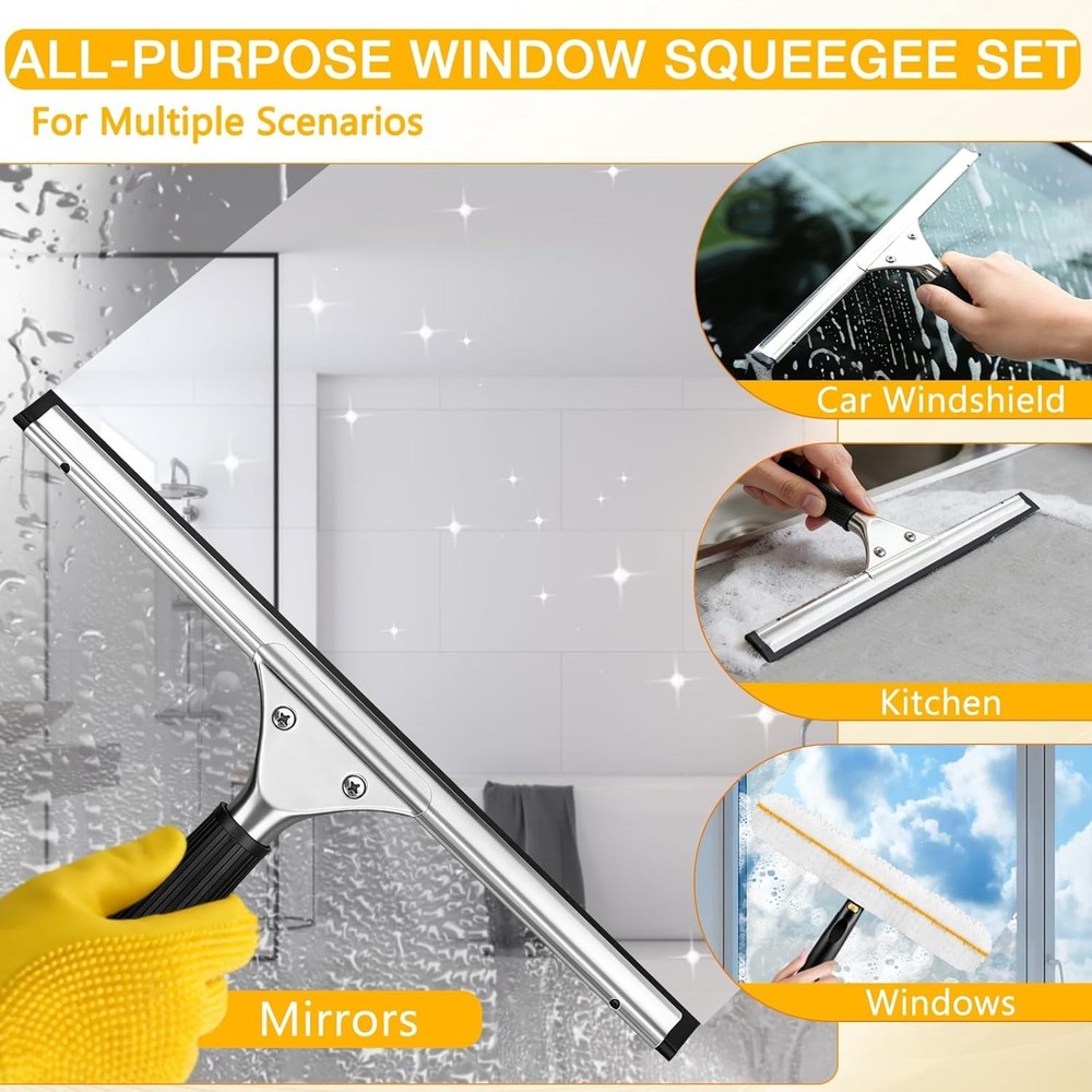 Window Cleaning Squeegee Kit 14" Squeegee & Microfiber Rotatable Window Scrubber