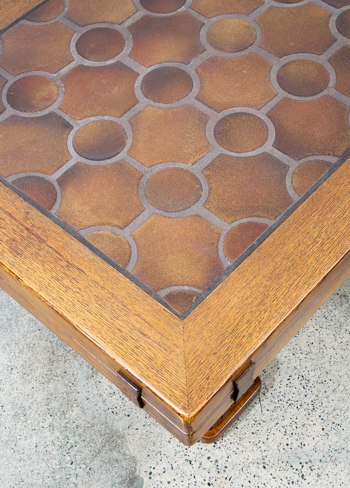 Mid Century Modern Antique Coffee Table Oak Tile Large Brutalist Rolling Rustic