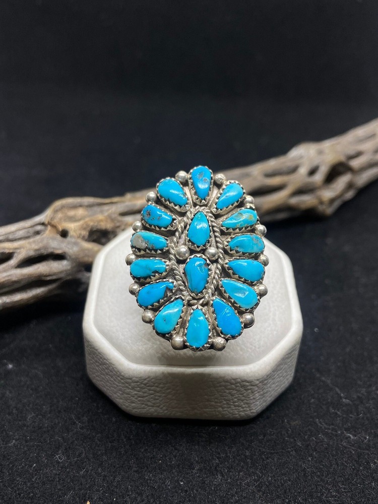 Native Zuni sleeping beauty turquoise Sterling silver cluster Ring Size 8