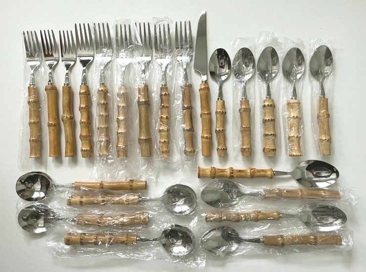 23 ASSORTED PCS. *KOALA LOVE* BAMBOO HANDLE STAINLESS FLATWARE-UNUSED OPEN BOX