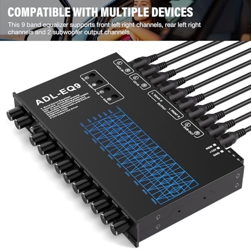 9 Band Car Audio Equalizer - Adjustable EQ with Front, Rear & Sub Outputs, 8V RM