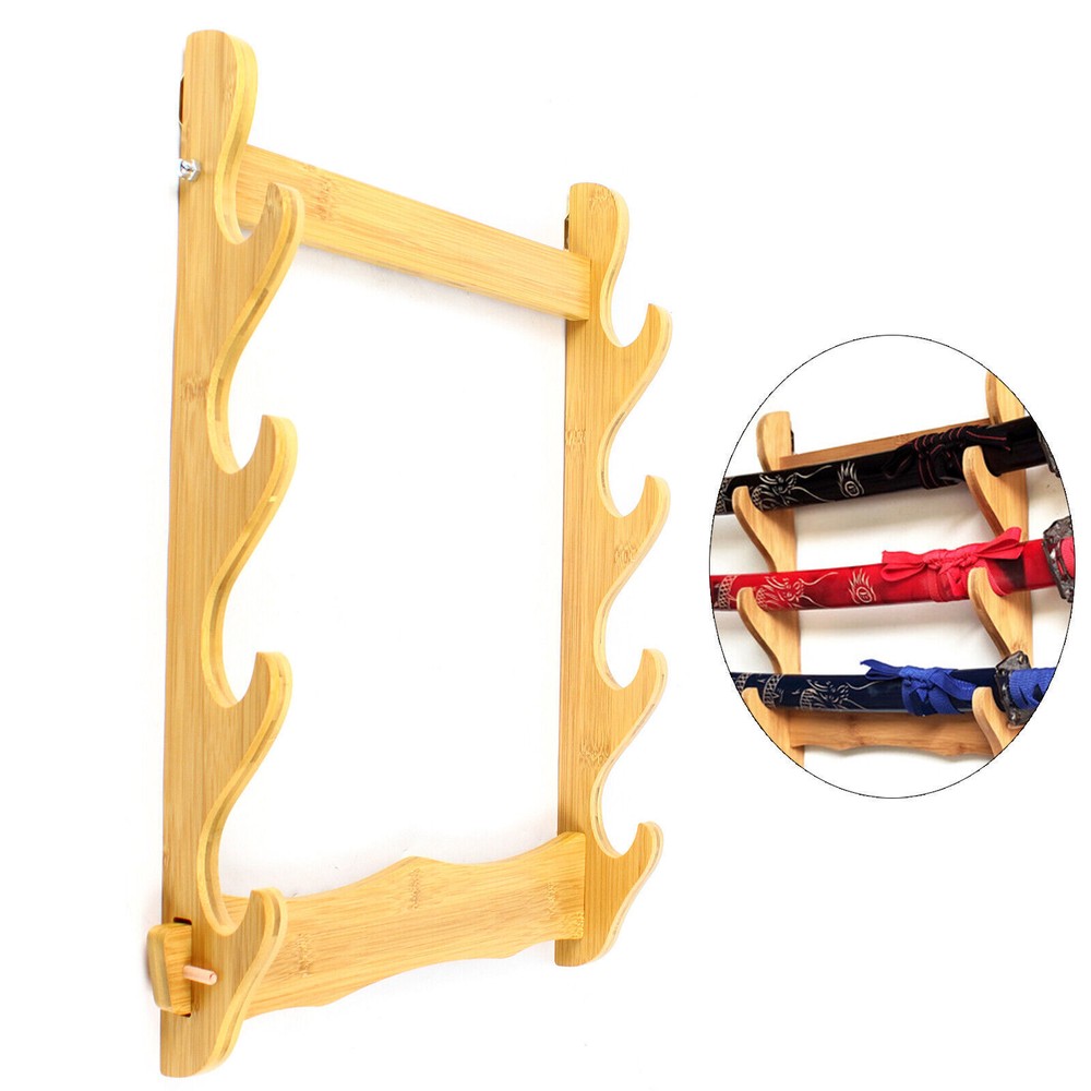 4-Layer Bamboo Mount Display Stand Wall-Mounted Display Rack Sword Mount Stand