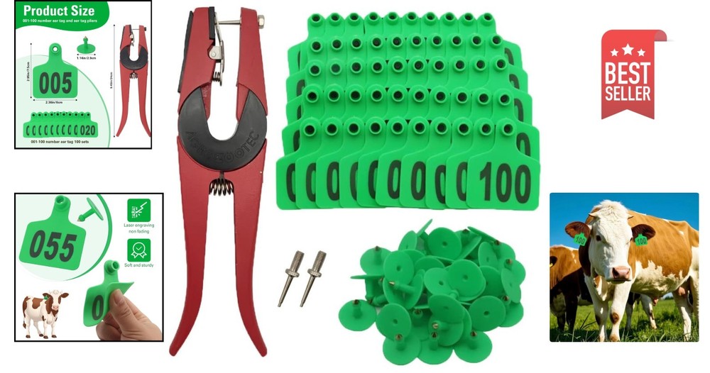 Livestock Ear Tagging System - 100 Plastic Numbered Tags & Applicator for Cattle