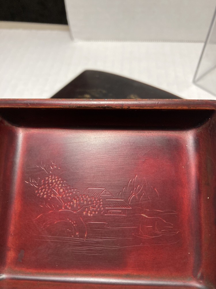 Maruni Lacquerware Coffee Table Cigarette Box, 2 Ashtrays Occupied Japan Signed