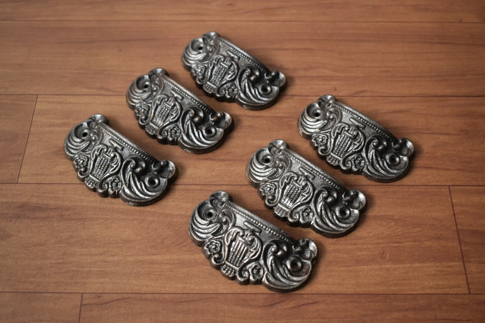Victorian cast iron Cup cabinet drawer door knobs handles pull rustic 6 pcs