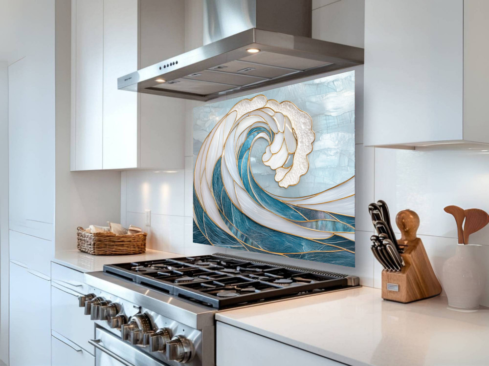 Luxury Artistic Wave Kitchen Backsplash Glass Panel - Blue and Gold 18'' x 30''