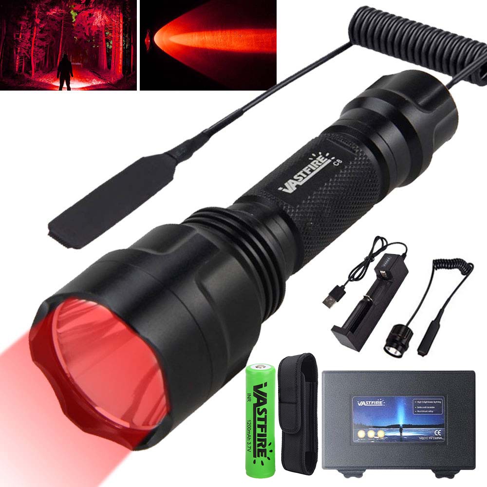 Predator Red LED Flashlight Illuminated Light Lamp Night Hunting Torch + Battery